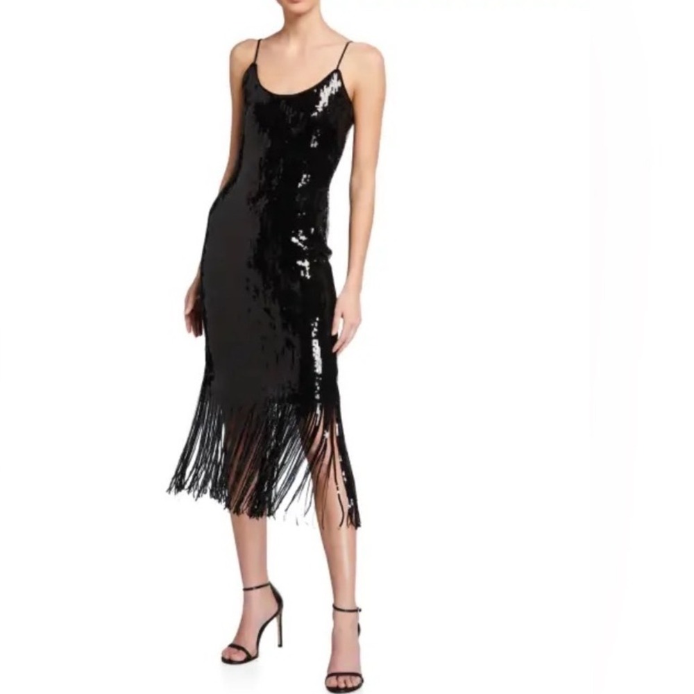 Milly Black Sequin Fringe Slip Sexy midi Dress 6 Spaghetti Strap Cocktail Party